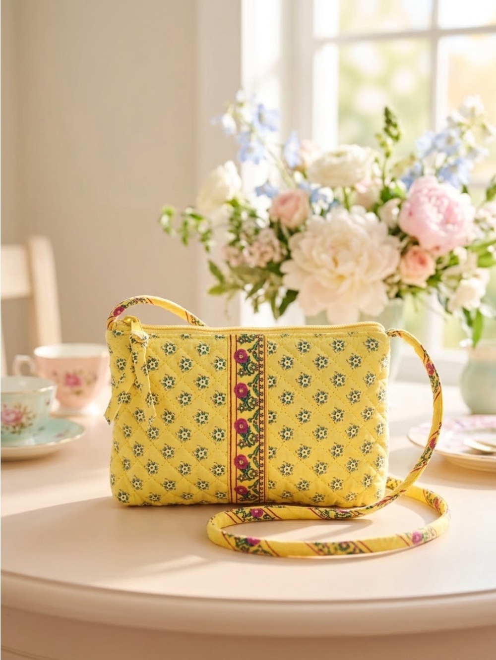 Yellow Quilted Cotton Floral Shoulder Bag Purse Zip Top Boho Cottagecore